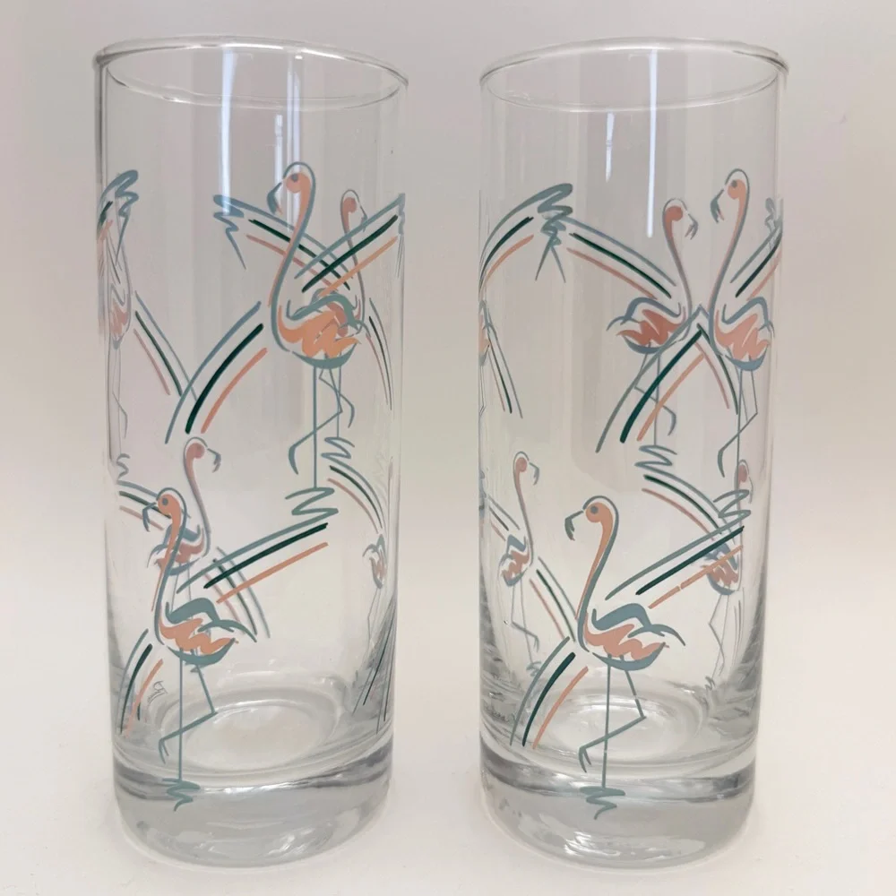 Vintage MCM 1960s Panache Flamingo Tumbler Highball Bar Glasses Set of 2